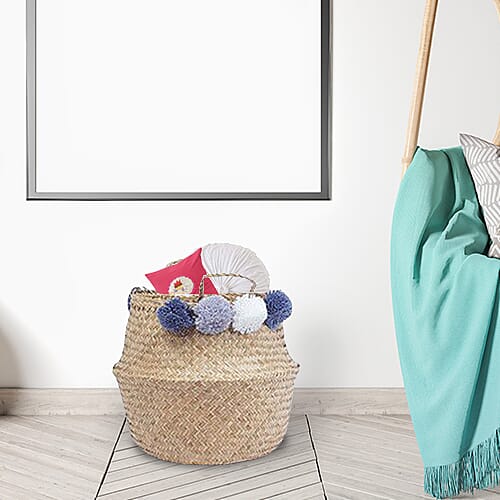 Foldable Seagrass Basket with Tassels (Size 30X25X30 HANDLE 12 CM)