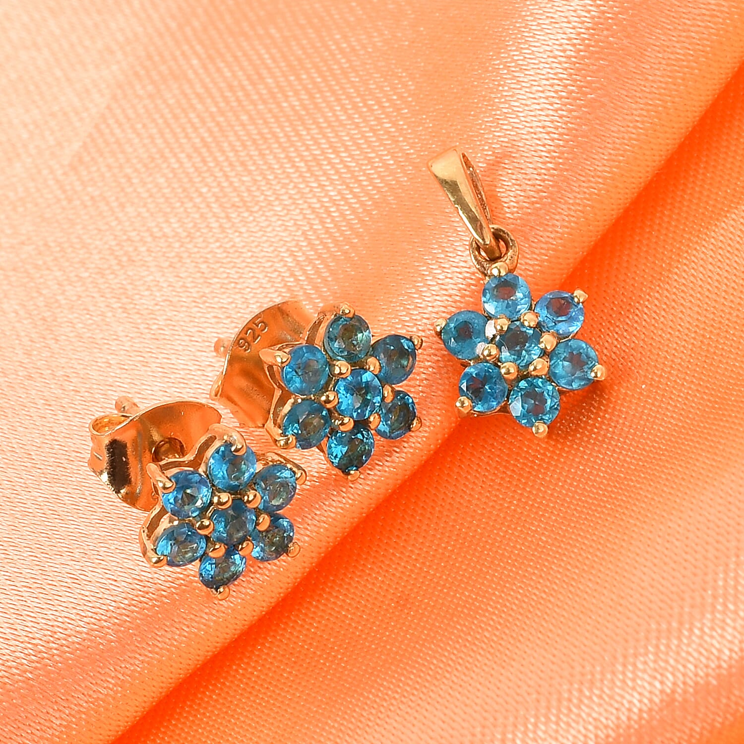 2 Piece Set -  Neon Apatite Floral Pendant and Stud Earrings (with Push Back) in 14K Gold Overlay Sterling Silver 1.00 Ct.