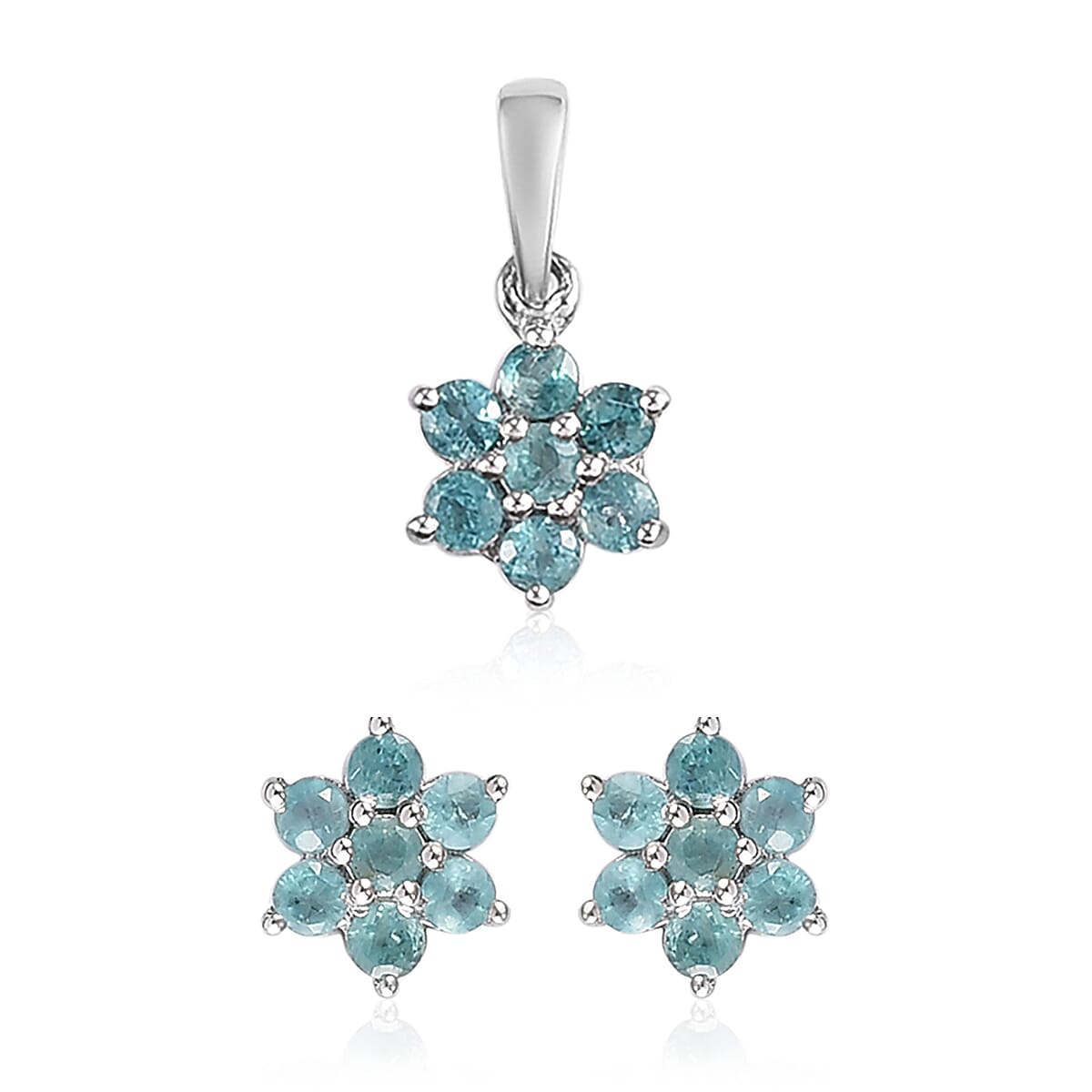 2 Piece Set -  Grandidierite Floral Stud Earrings (with Push Back) and Floral Pendant in Platinum Overlay Sterling Silver 1.00 Ct.