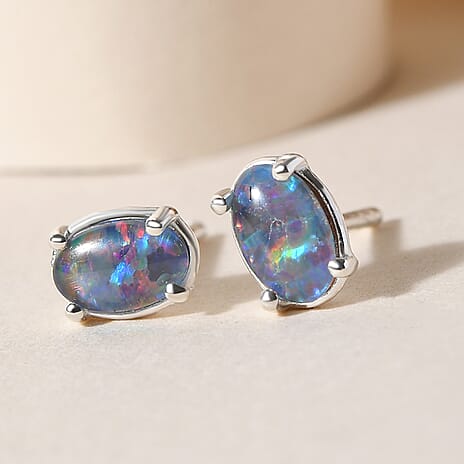 One Time Deal- Australian Boulder Opal Solitaire Stud Earrings (with Push Back) in Sterling Silver