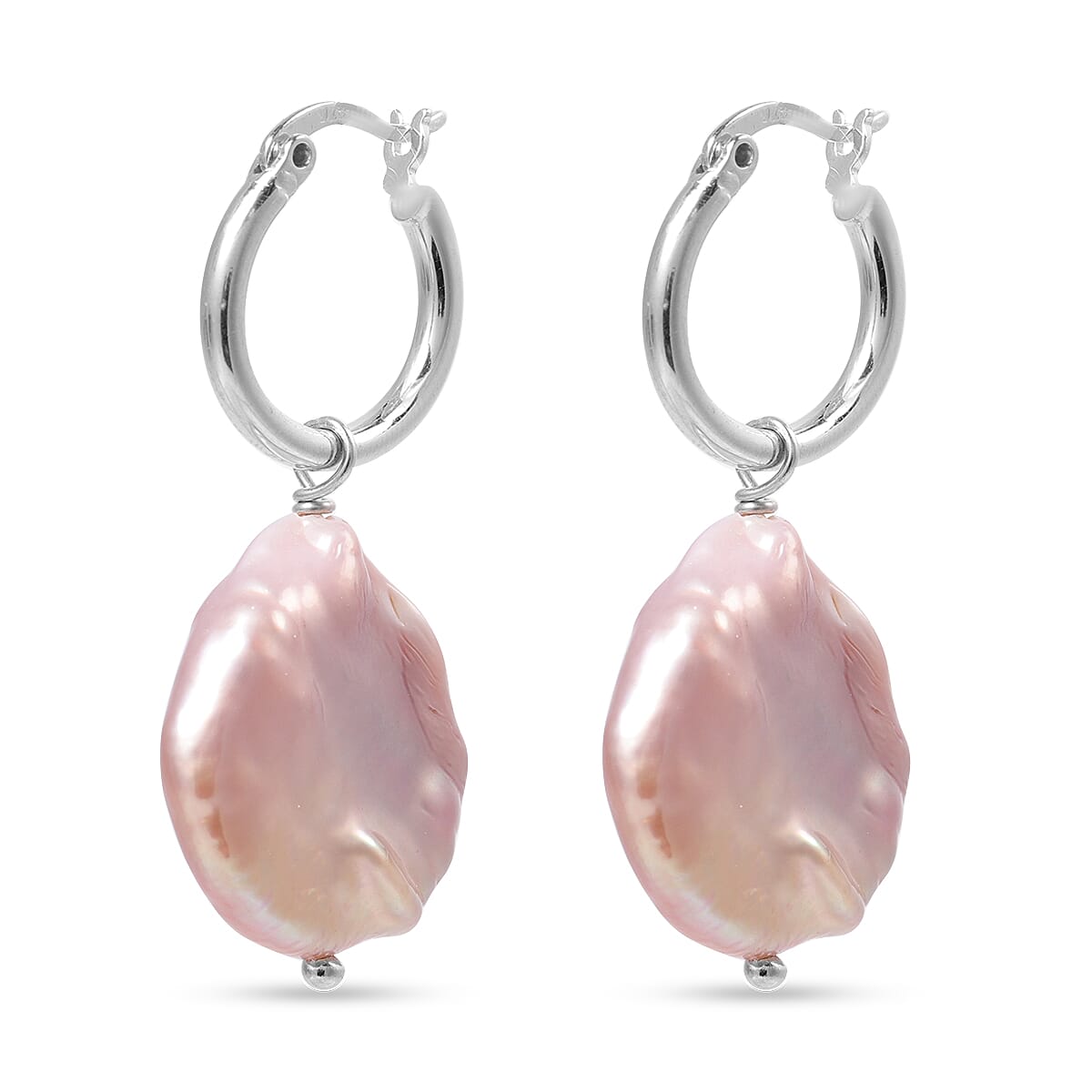 Purple Baroque Pearl Clasp Earrings in Rhodium Overlay Sterling Silver