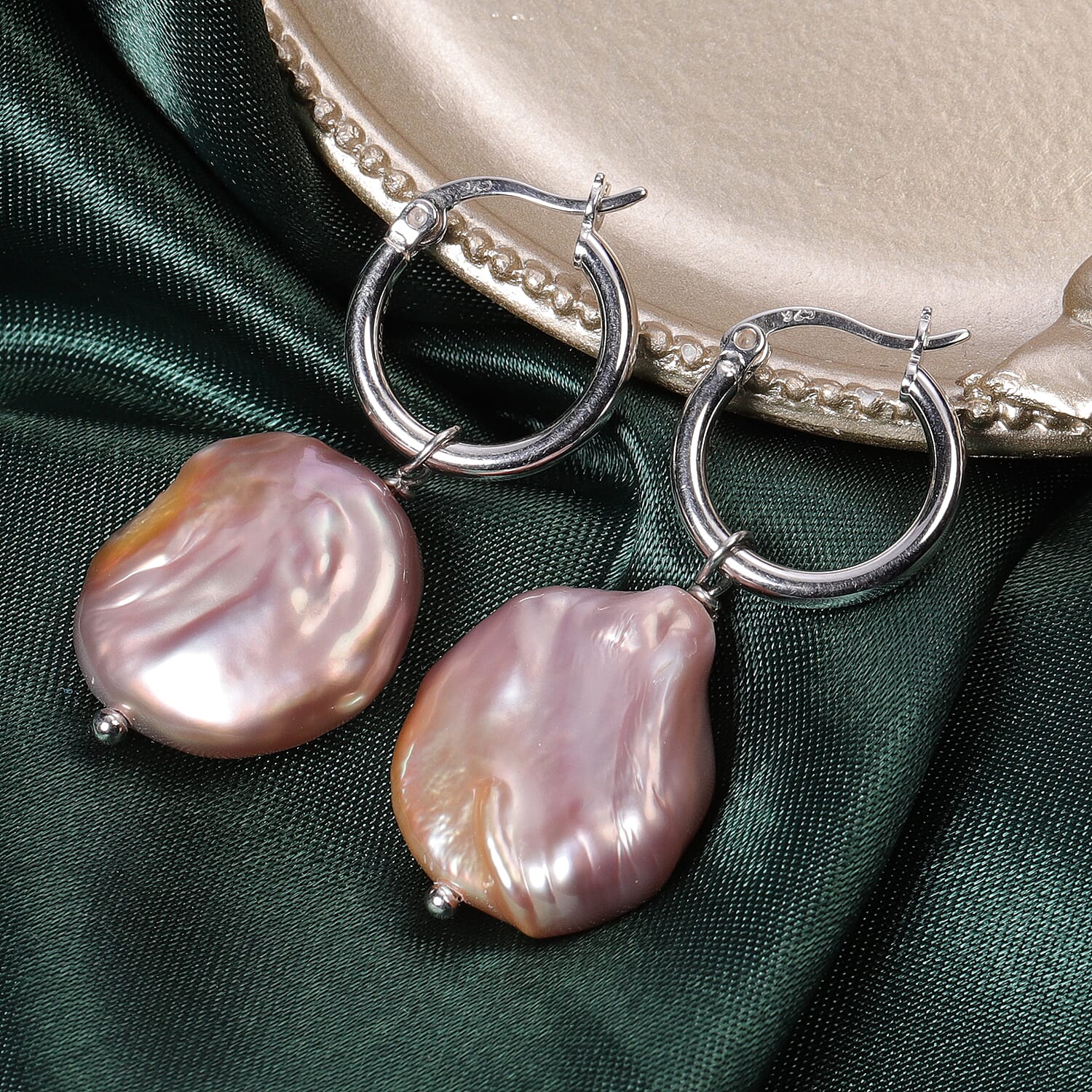 Purple Baroque Pearl Clasp Earrings in Rhodium Overlay Sterling Silver