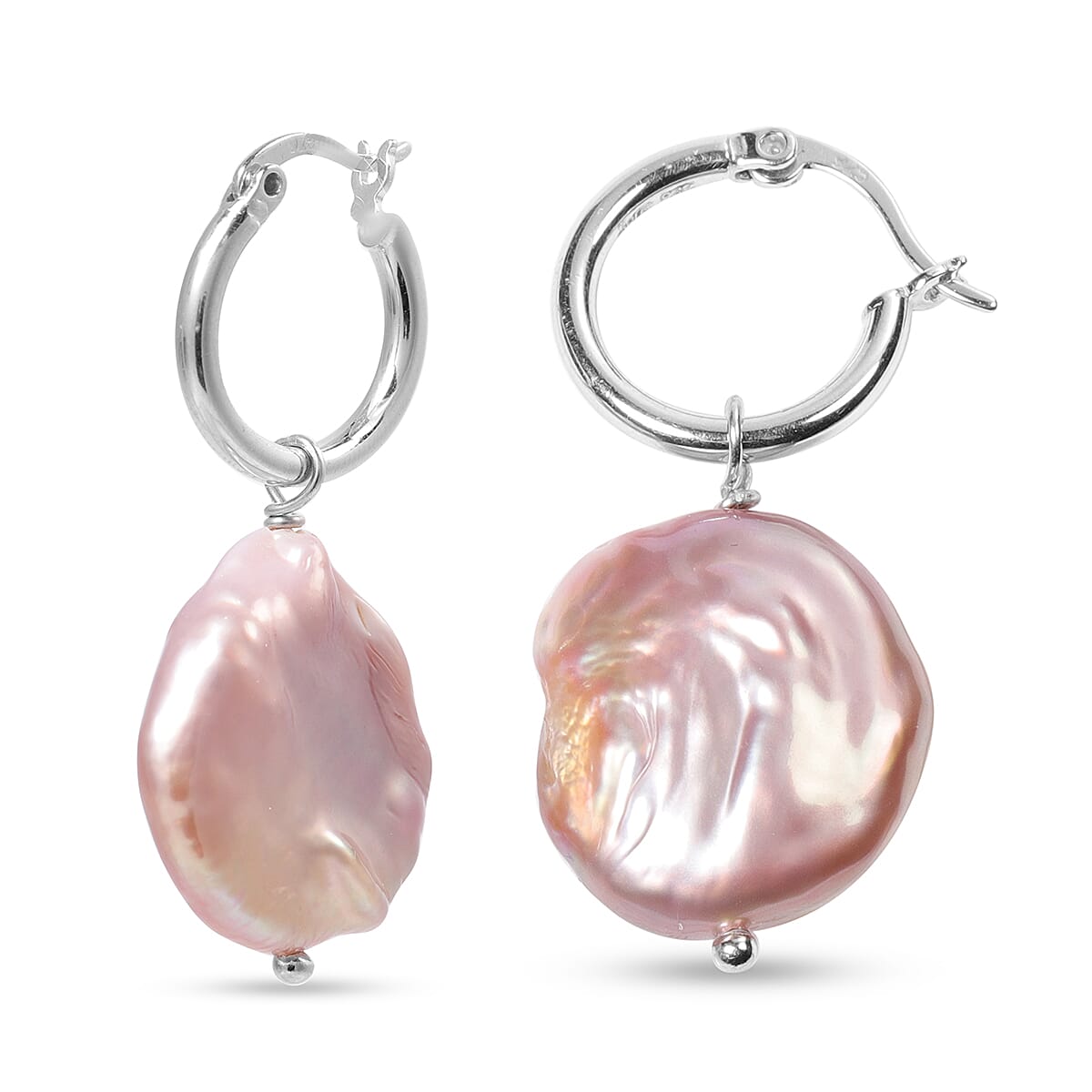 Purple Baroque Pearl Clasp Earrings in Rhodium Overlay Sterling Silver