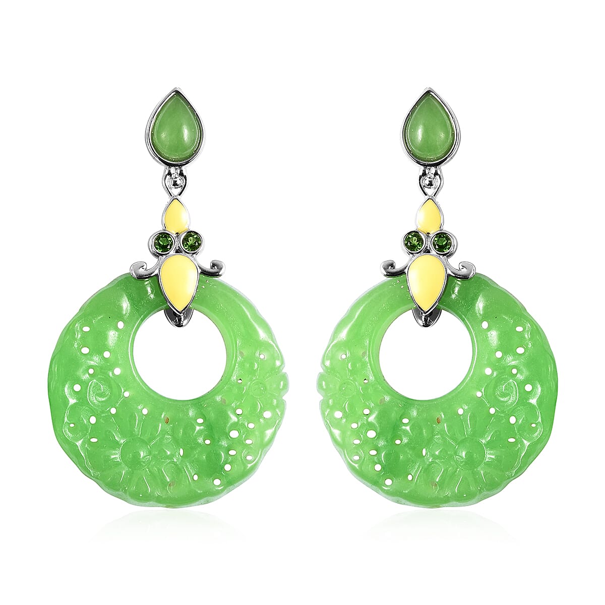 Green Jade and Chrome Diopside Drop Earrings in Rhodium Overlay Sterling Silver 43.60 Ct.