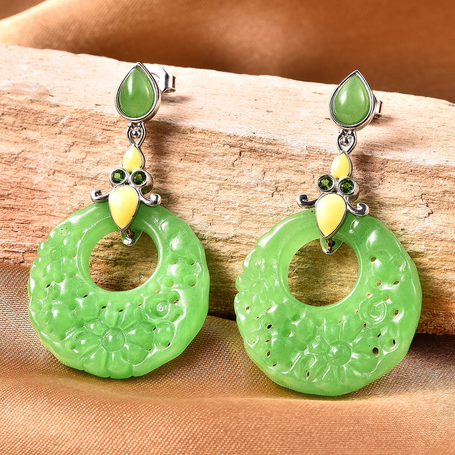 Green Jade and Chrome Diopside Drop Earrings in Rhodium Overlay Sterling Silver 43.60 Ct.