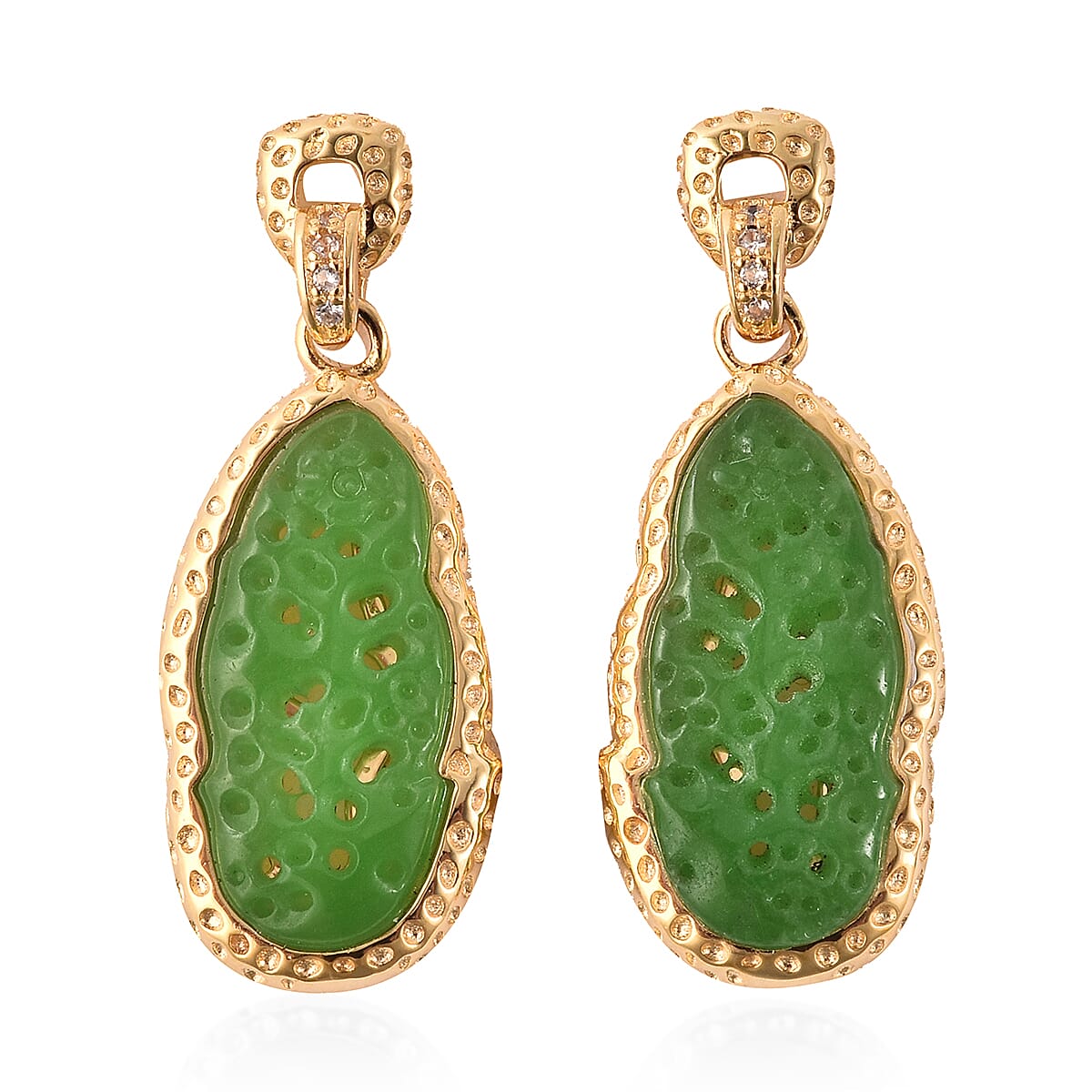 Green Jade and Natural Cambodian Zircon Drop Earrings in Yellow Gold Overlay Sterling Silver 9.55 Ct.