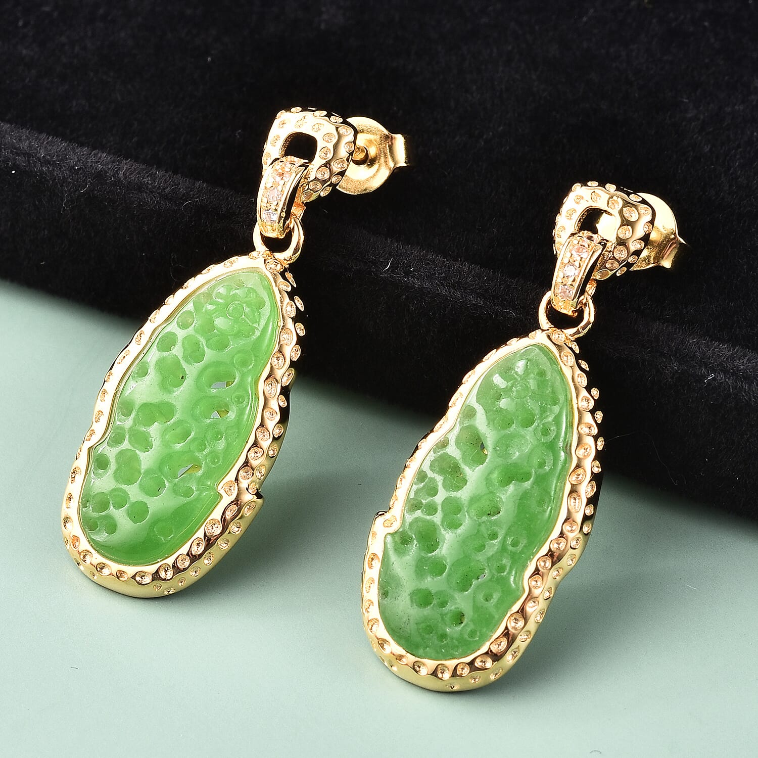 Green Jade and Natural Cambodian Zircon Drop Earrings in Yellow Gold Overlay Sterling Silver 9.55 Ct.