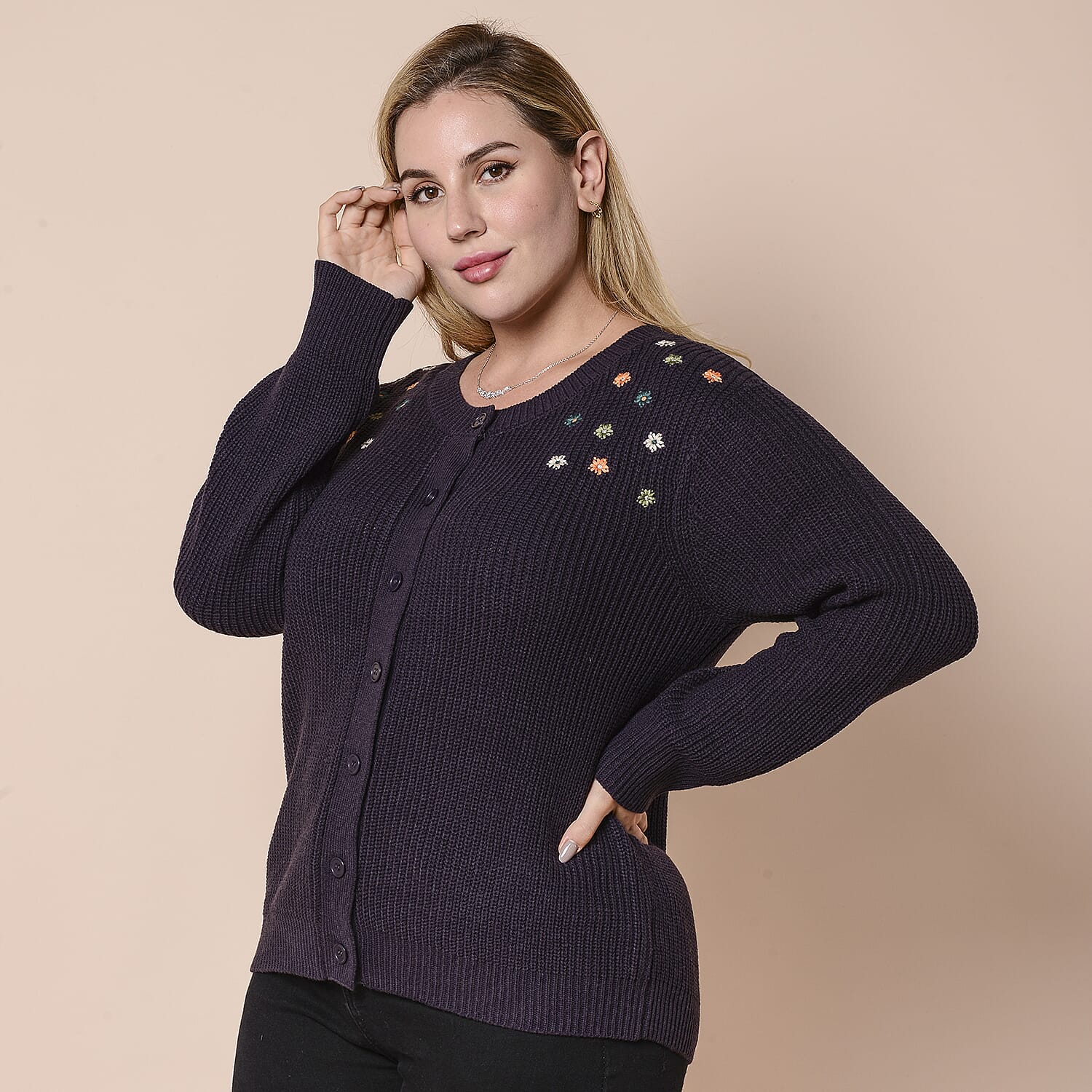 LA MAREY Dark Purple Knit Cardigan with Multi Colour Floral Embriodery
