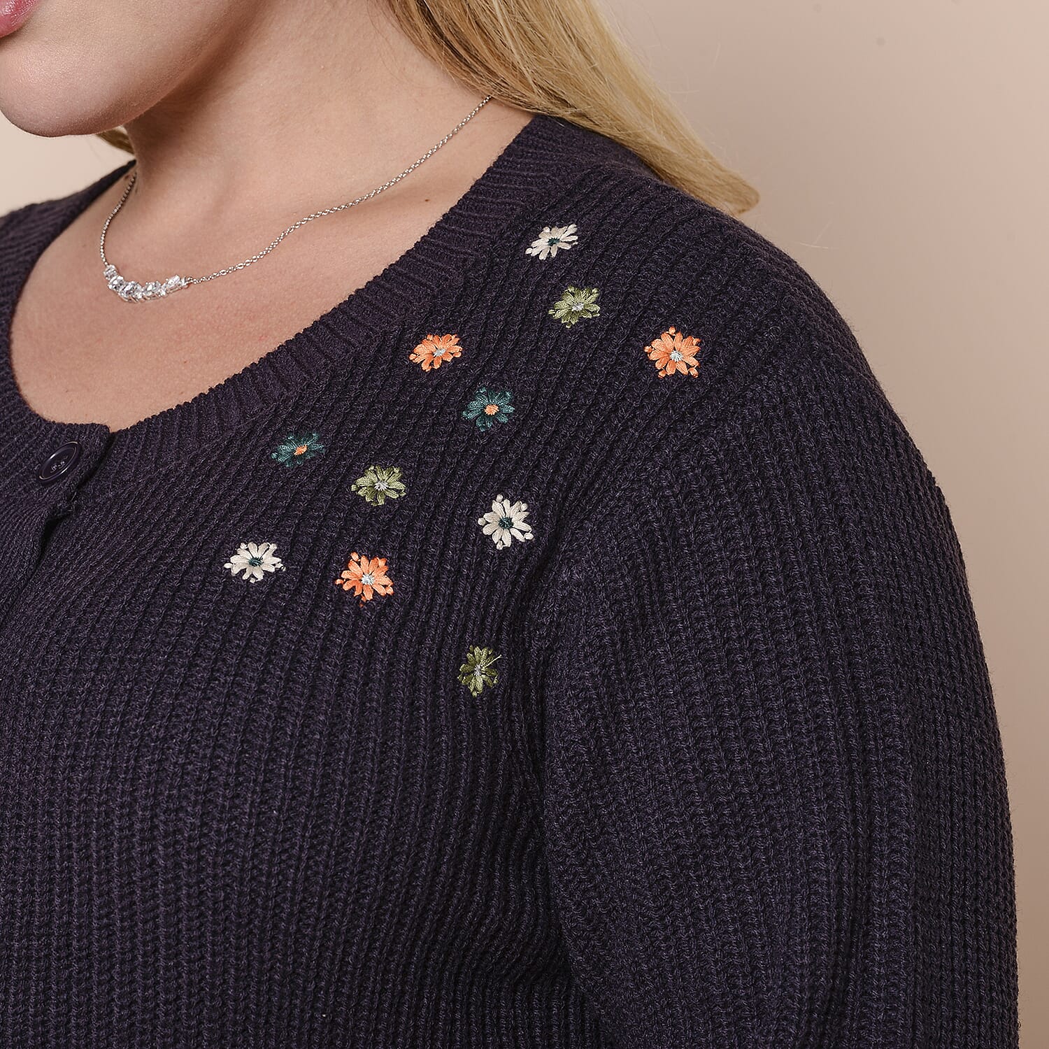 LA MAREY Dark Purple Knit Cardigan with Multi Colour Floral Embriodery