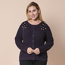LA MAREY Dark Purple Knit Cardigan with Multi Colour Floral Embriodery (Size: L, 41)