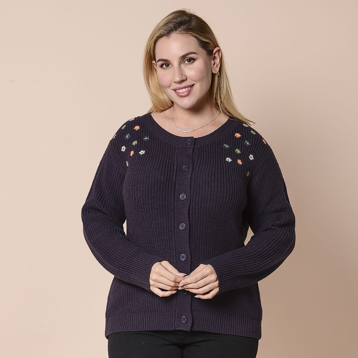 LA MAREY Dark Purple Knit Cardigan with Multi Colour Floral Embriodery (Size: XL, 43)