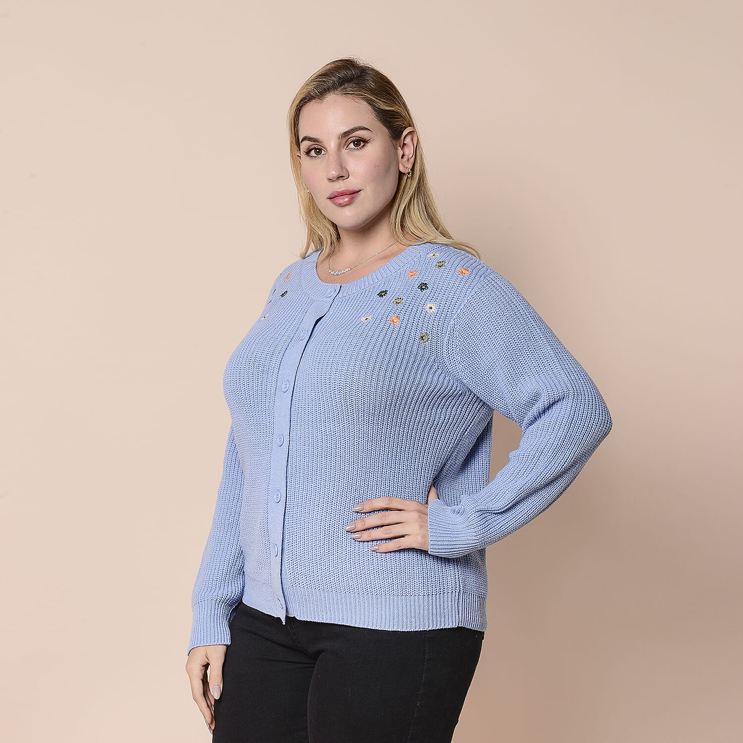 LA MAREY Dark Purple Knit Cardigan with Multi Colour Floral Embriodery