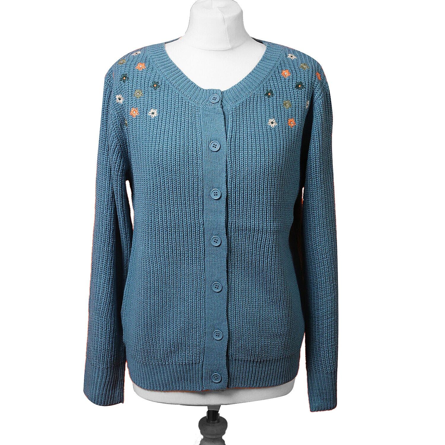 LA MAREY Dark Cyan Knit Cardigan with Multi Colour Floral Embriodery (Size: XXL, 45)