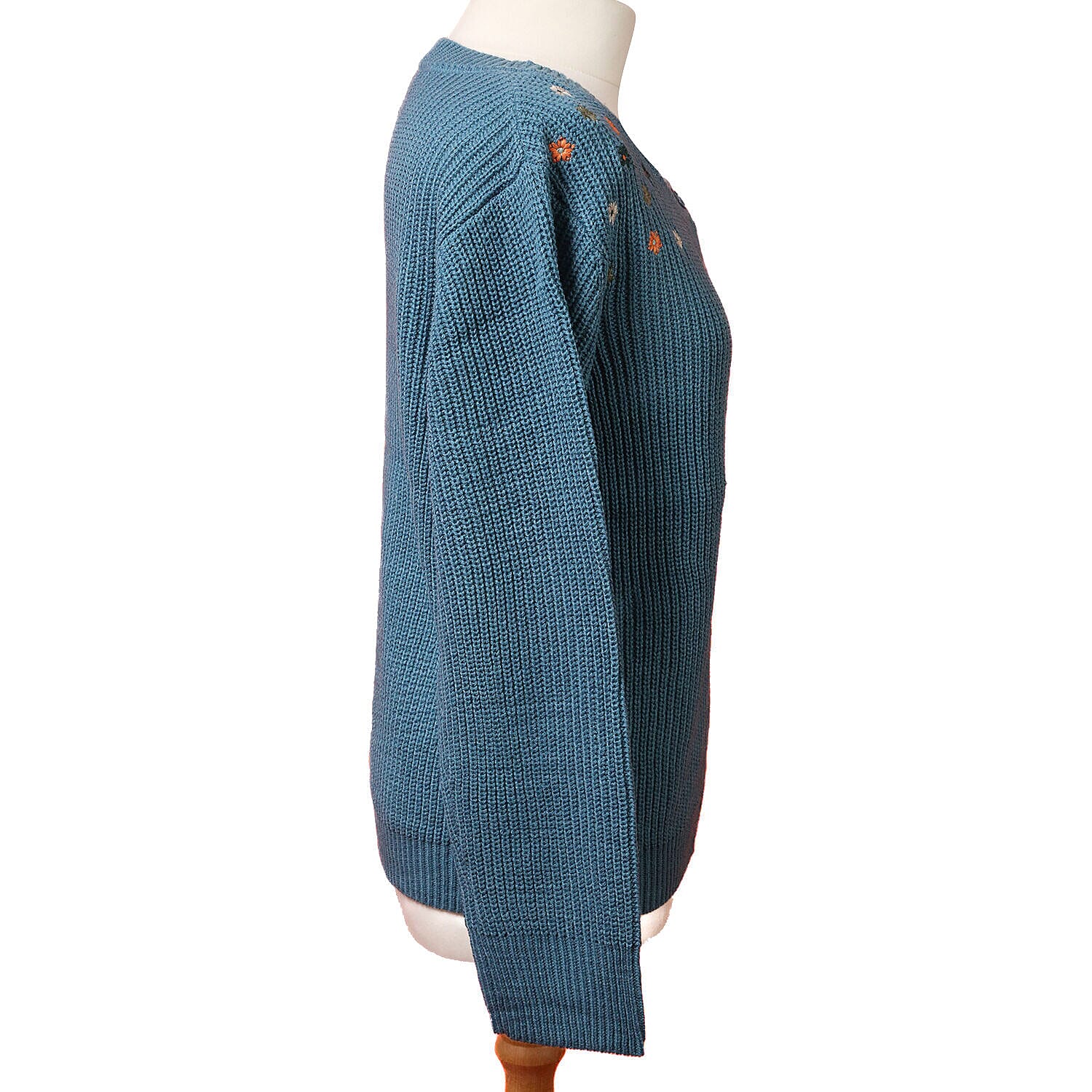 LA MAREY Dark Cyan Knit Cardigan with Multi Colour Floral Embriodery (Size: XXL, 45)