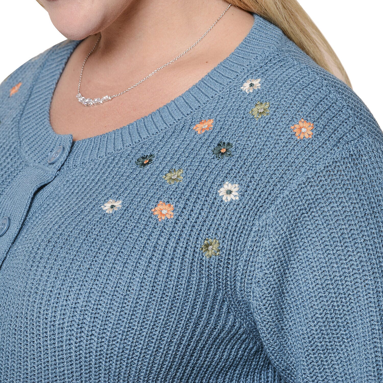 LA MAREY Dark Cyan Knit Cardigan with Multi Colour Floral Embriodery (Size: XXL, 45)