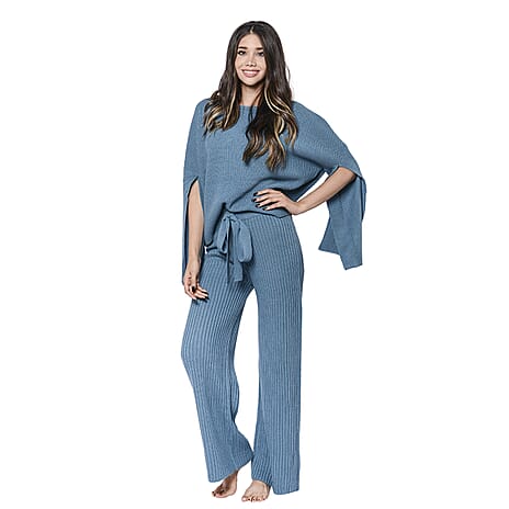 LA MAREY Ribbed Knit Top with Split Sleeves in Teal (Size 8-18)