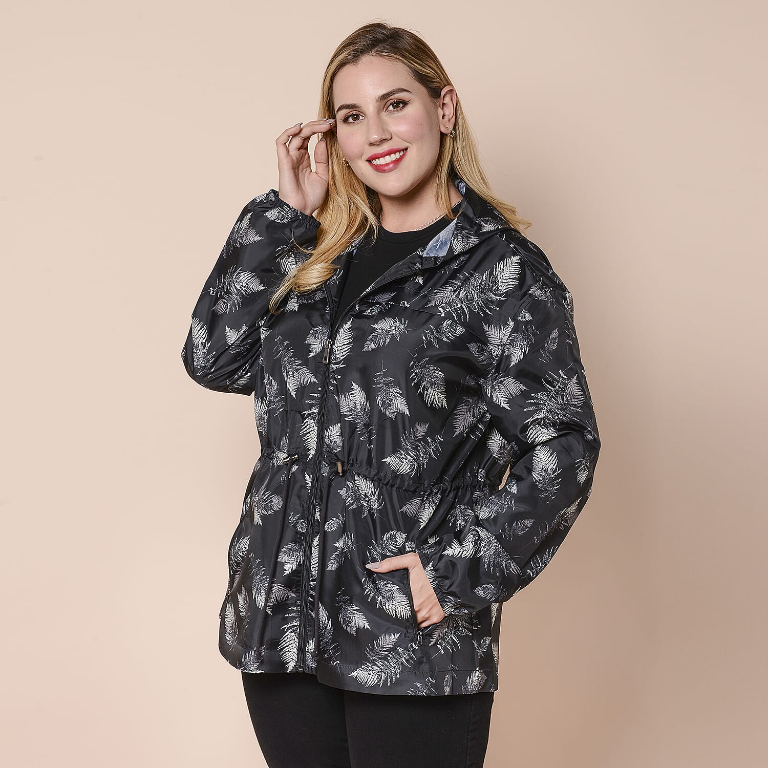 LA MAREY Water and Wind Resistant Packable Black Leaves  Pattern Jacket - One Size - 8-18