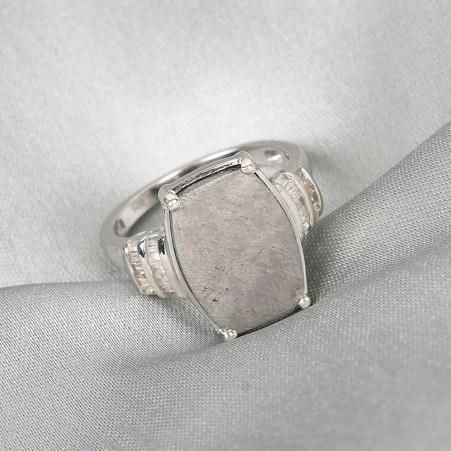 Meteorite and Diamond Ring in Platinum Overlay Sterling Silver 13.16 Ct.