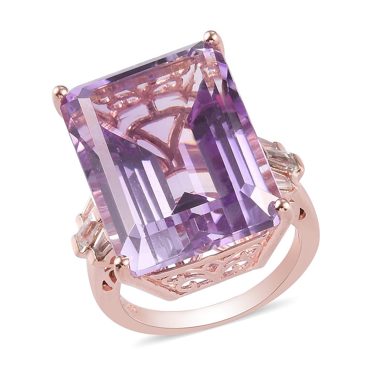 Rose De France Amethyst and Natural Cambodian Zircon Ring in Rose Gold Overlay Sterling Silver 23.33 Ct.