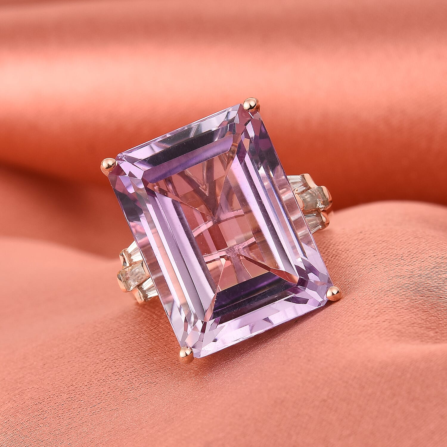Rose De France Amethyst and Natural Cambodian Zircon Ring in Rose Gold Overlay Sterling Silver 23.33 Ct.