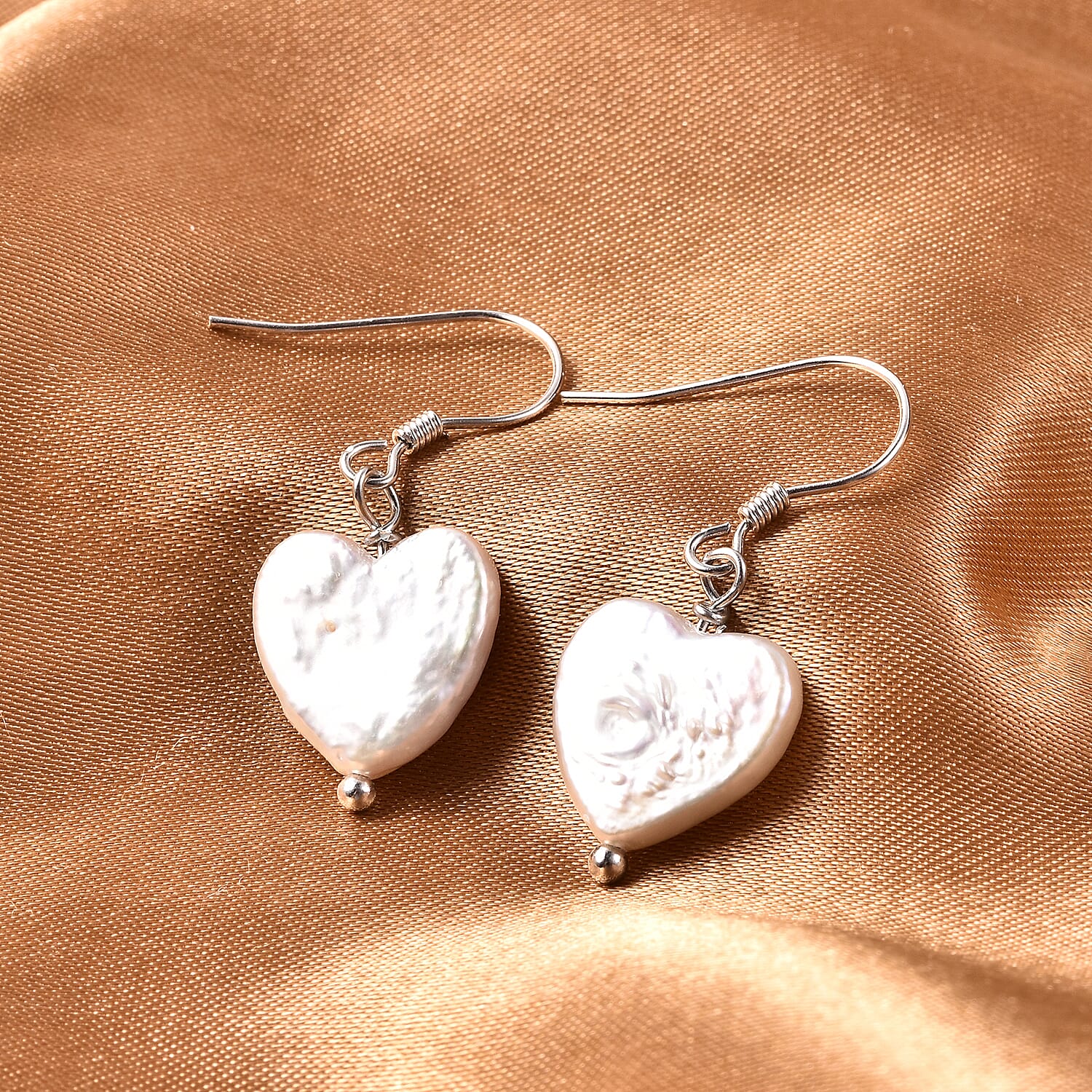 White Baroque Pearl Heart Hook Earrings in Rhodium Overlay Sterling Silver