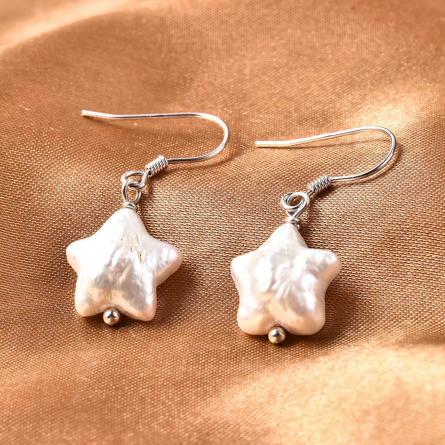 White Baroque Pearl Star Hook Earrings in Rhodium Overlay Sterling Silver
