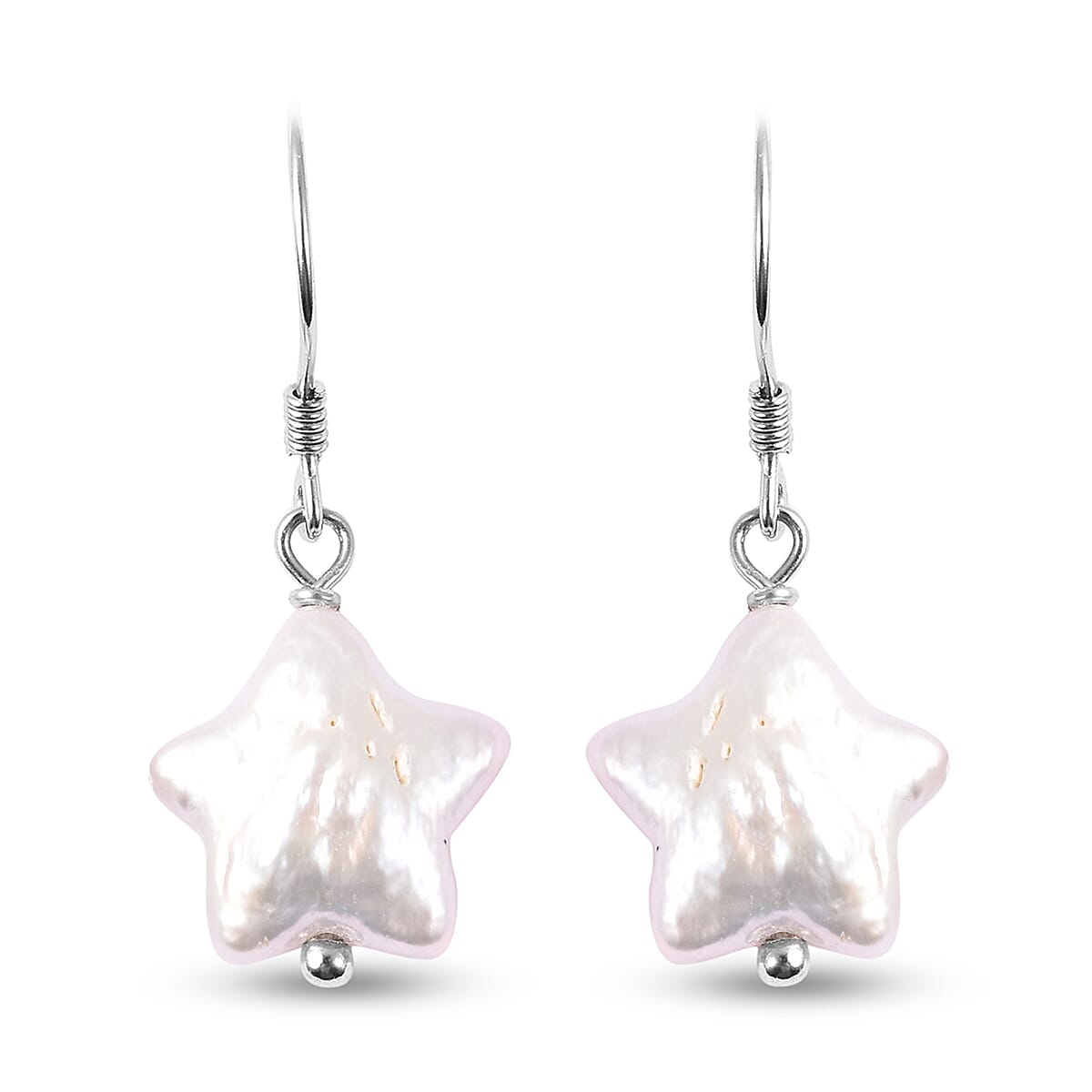 White Baroque Pearl Star Hook Earrings in Rhodium Overlay Sterling Silver