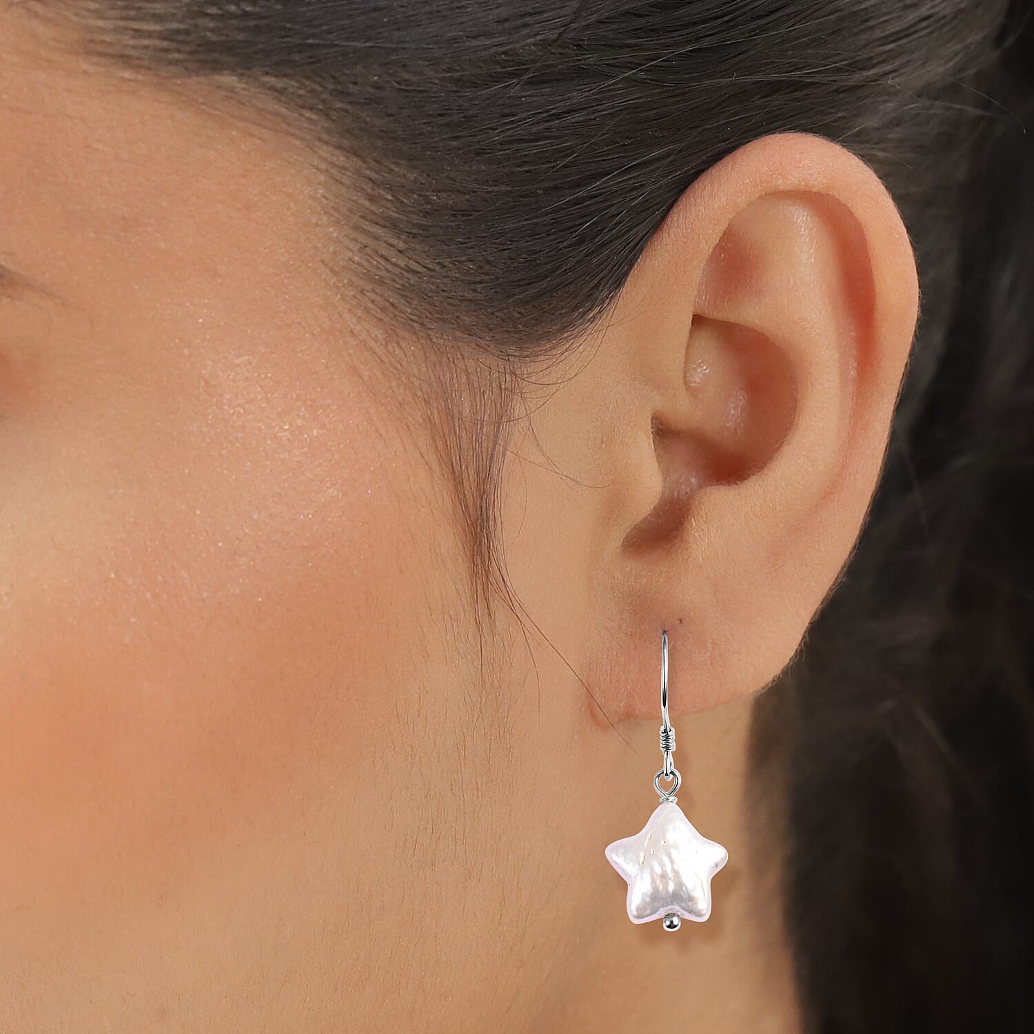 White Baroque Pearl Star Hook Earrings in Rhodium Overlay Sterling Silver