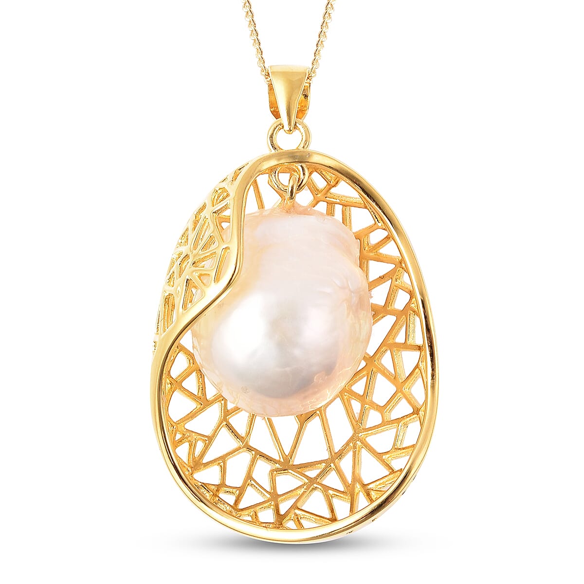 White Edison Pearl Necklace (Size 18) in Yellow Gold Overlay Sterling Silver, Silver Wt 5.60 Gms