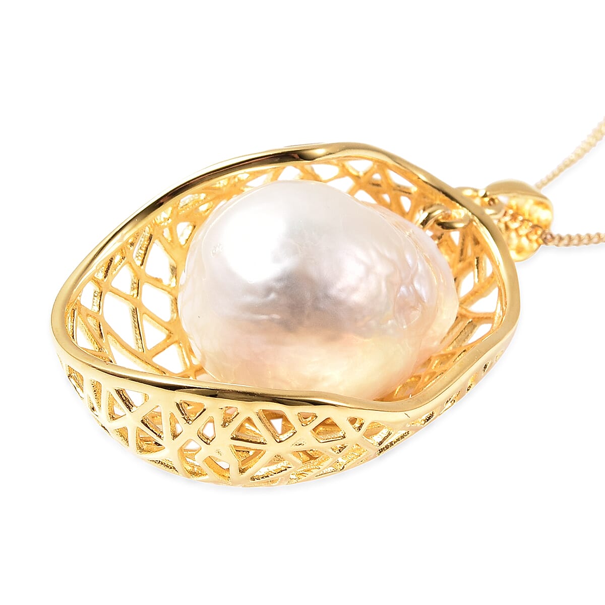White Edison Pearl Necklace (Size 18) in Yellow Gold Overlay Sterling Silver, Silver Wt 5.60 Gms