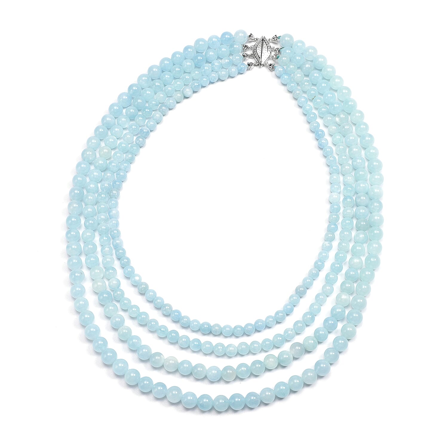 Santa Teresa Aquamarine Four-Row Necklace (Size 16 with Magnetic Lock) in Rhodium Overlay Sterling Silver 604.50 Ct.