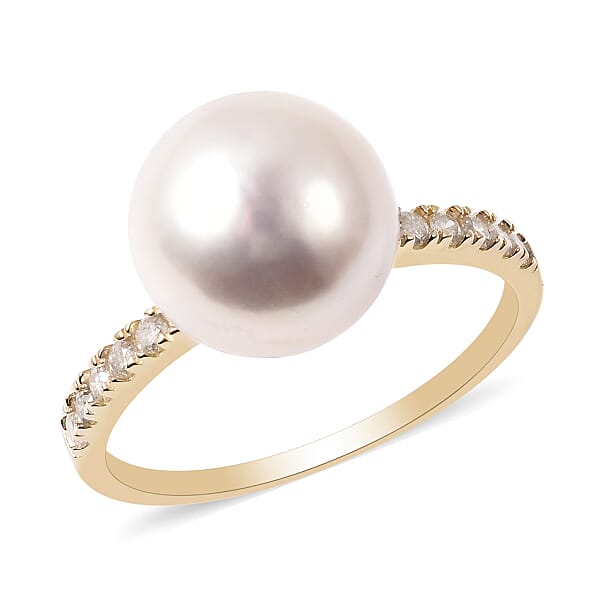 White Edison Pearl and Diamond Ring in 9K Yellow Gold - M3723366 - TJC