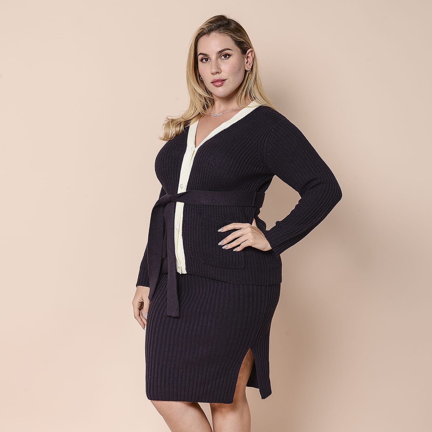 LA MAREY Knit Cardigan with Waist Belt - Black