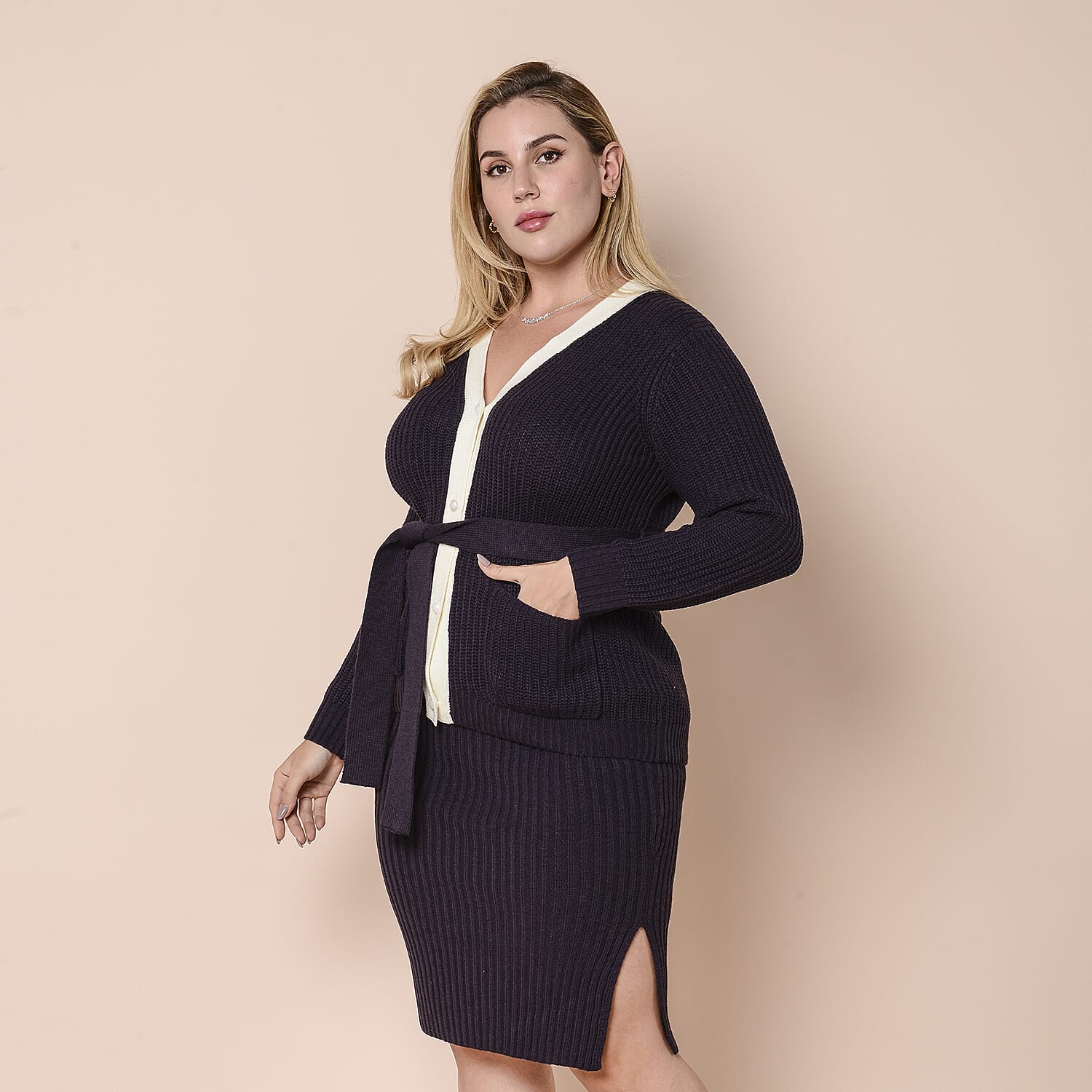 LA MAREY Belted Knit Cardigan with Faux (Size M, 10-12)