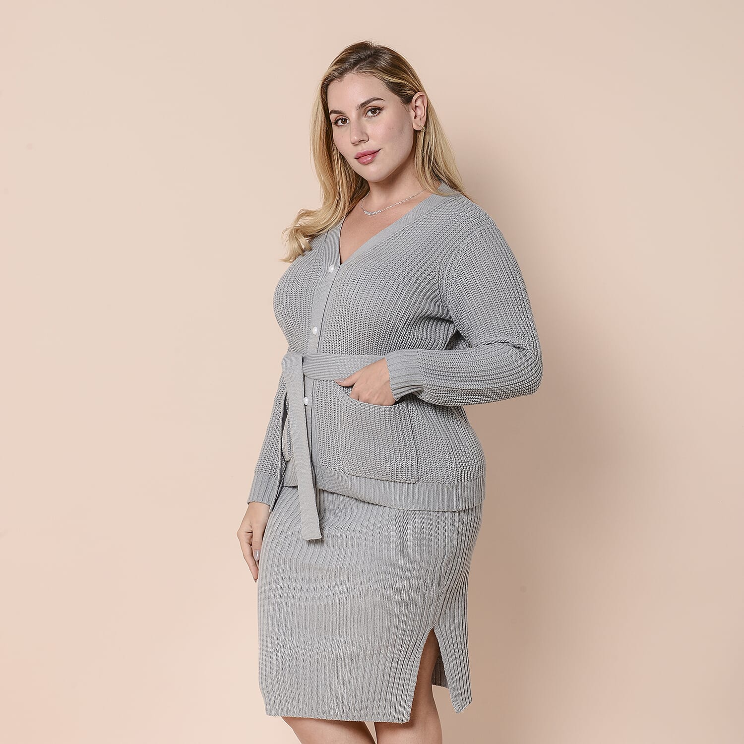 LA MAREY Knit Cardigan with Waist Belt - Black