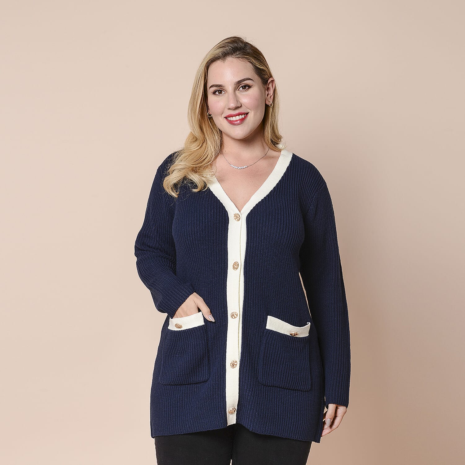 LA MAREY Navy Contrast Cardigan with Vintage Gold Buttons (XXL, UK size 20-26)