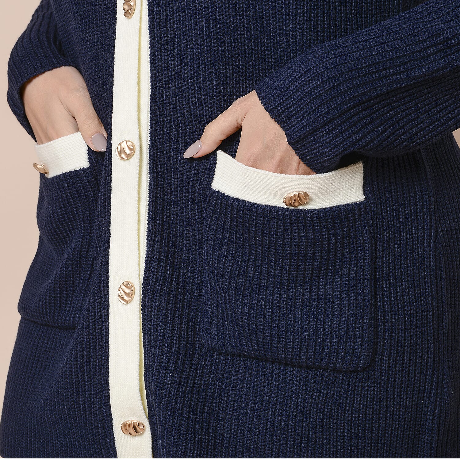 LA MAREY Navy Contrast Cardigan with Vintage Gold Buttons (XXL, UK size 20-26)