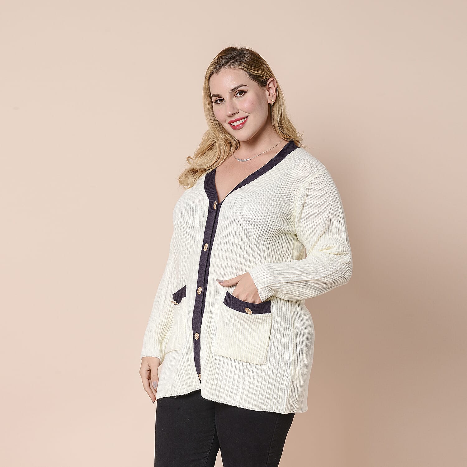 LA MAREY Cream Contrast Cardigan with Golden Buttons (XXL, UK size 20-26)