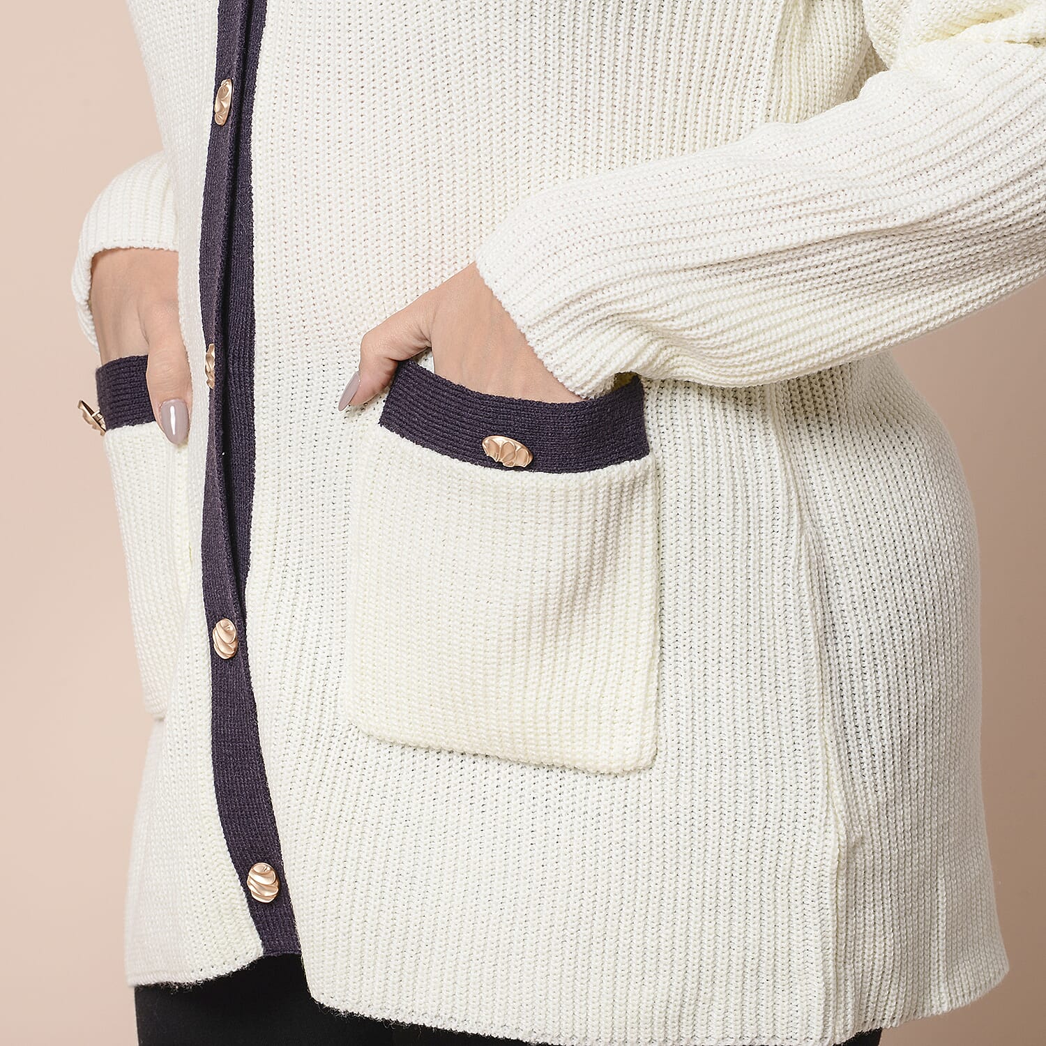 LA MAREY Cream Contrast Cardigan with Golden Buttons (XXL, UK size 20-26)