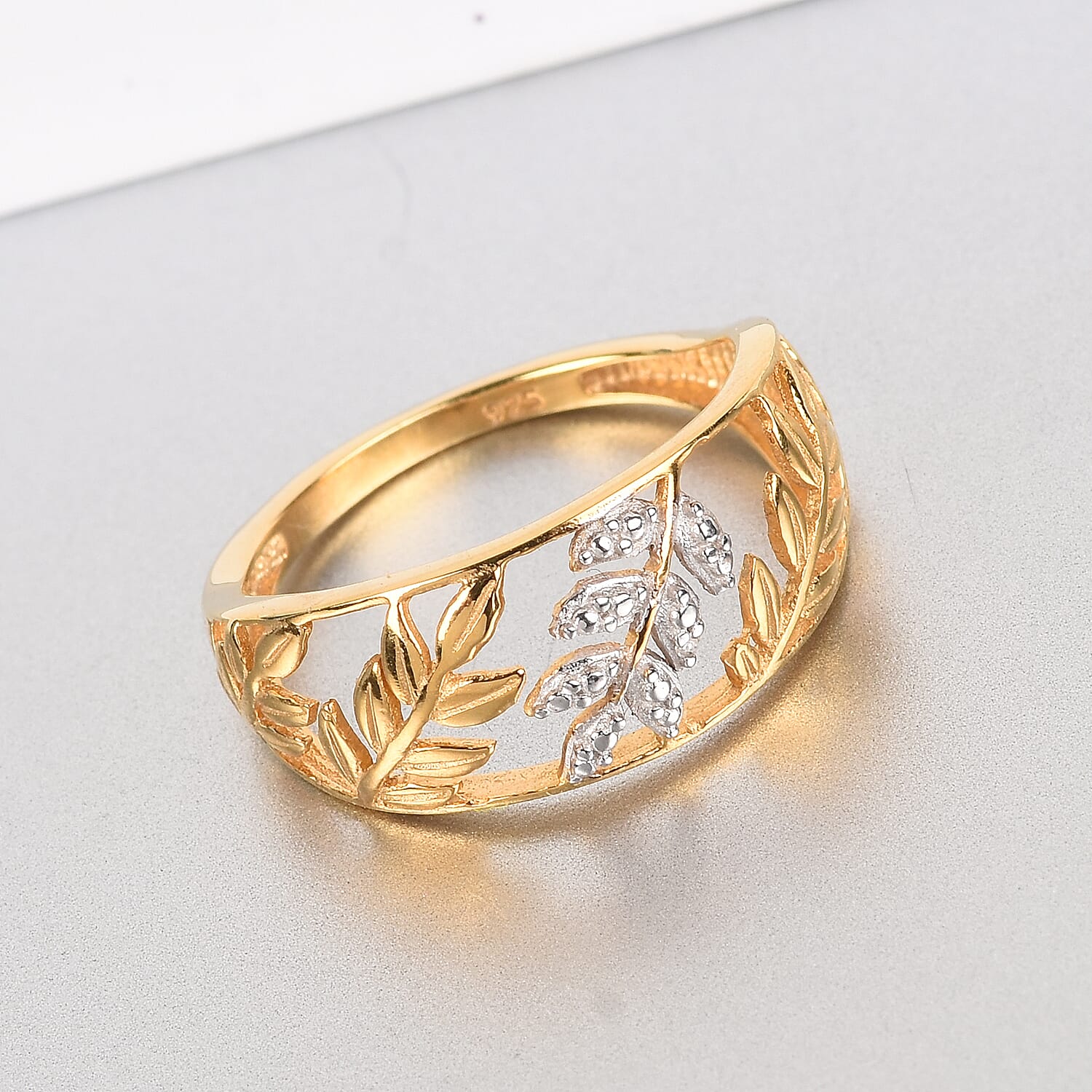 Diamond Leaf Vine Ring in 14K Gold Overlay Sterling Silver