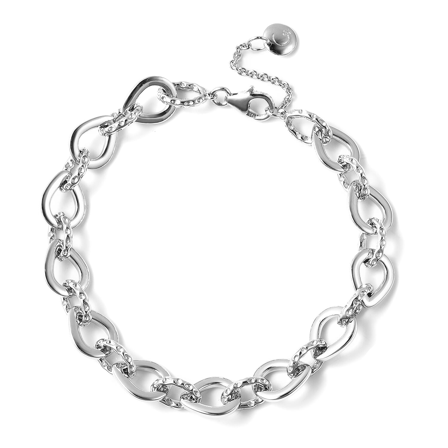 RACHEL GALLEY Rhodium Overlay Sterling Silver Love Link Bracelet (Size 7.5 with 1 inch Extender), Silver wt. 17.48 Gms