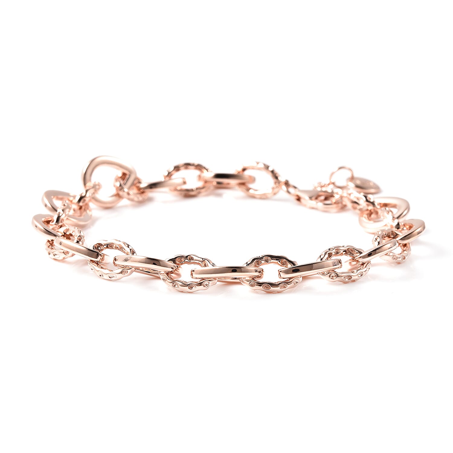 RACHEL GALLEY Rose Gold Overlay Sterling Silver Love Link Bracelet (Size 7.5 with 1 inch Extender), Silver wt. 17.42 Gms