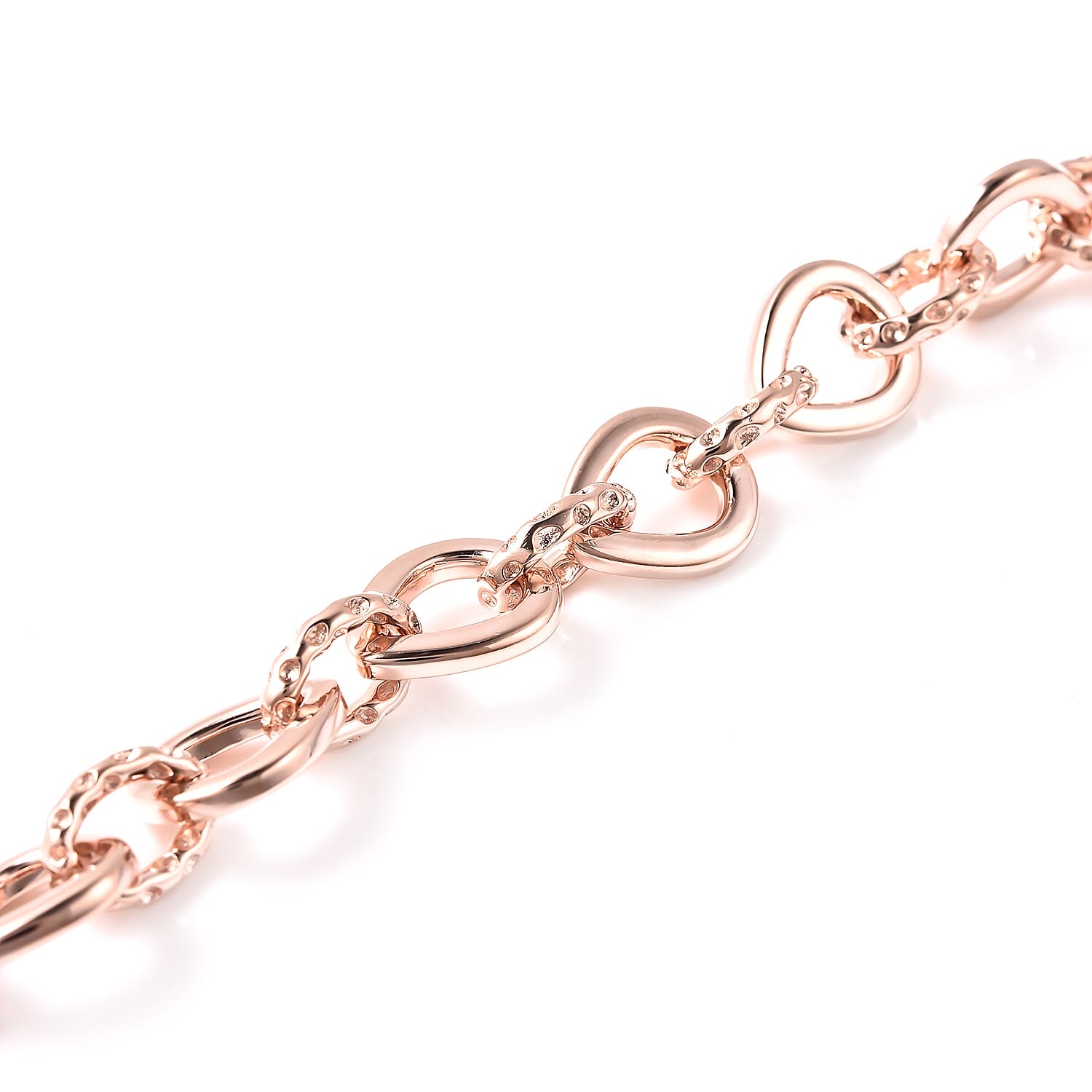 RACHEL GALLEY Rose Gold Overlay Sterling Silver Love Link Bracelet (Size 7.5 with 1 inch Extender), Silver wt. 17.42 Gms