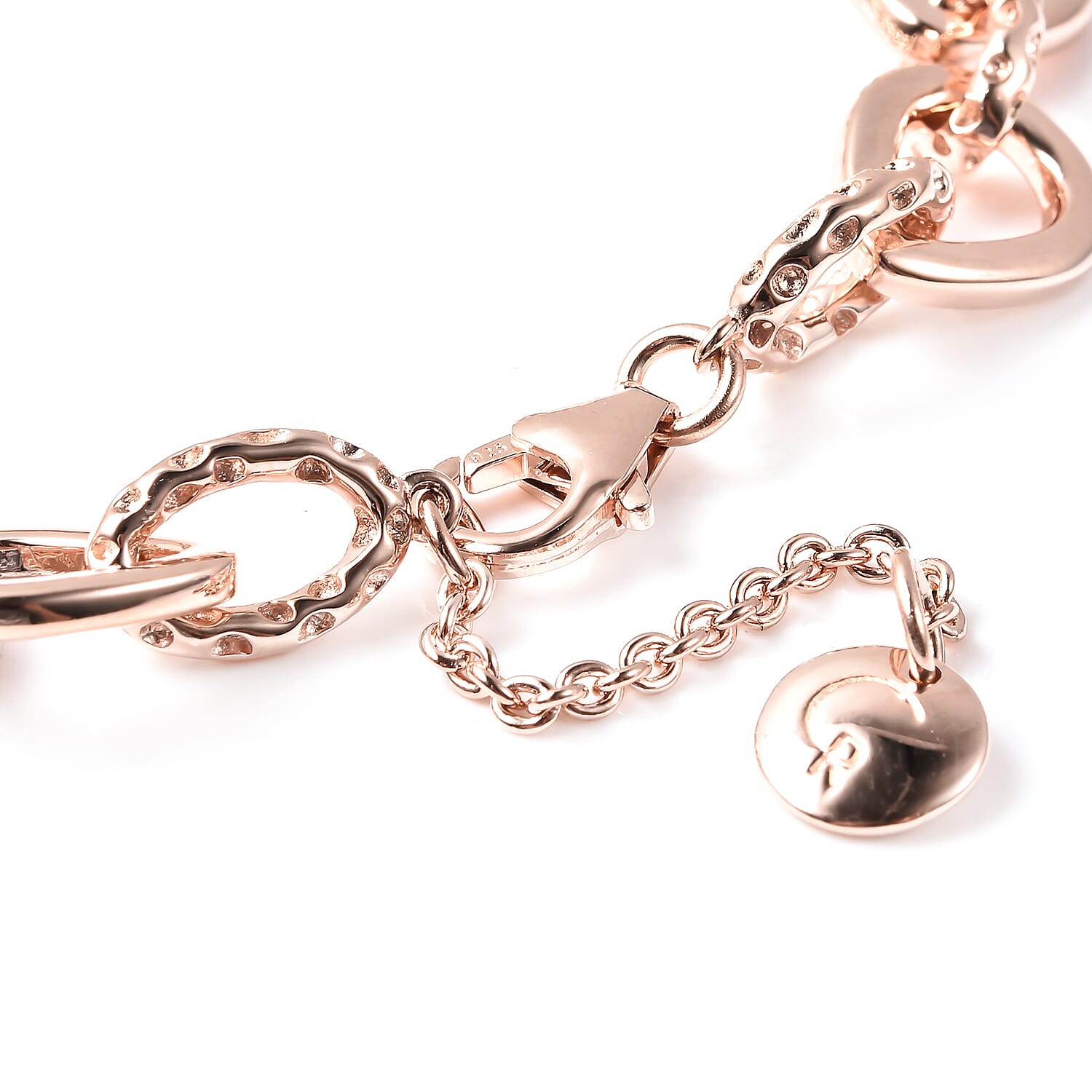 RACHEL GALLEY Rose Gold Overlay Sterling Silver Love Link Bracelet (Size 7.5 with 1 inch Extender), Silver wt. 17.42 Gms