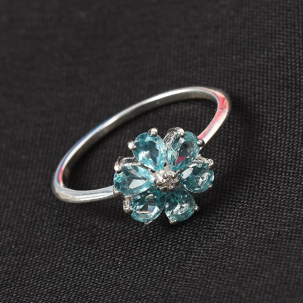 Blue Apatite and Natural Cambodian Zircon Flower Ring in Sterling Silver 1.01 Ct.