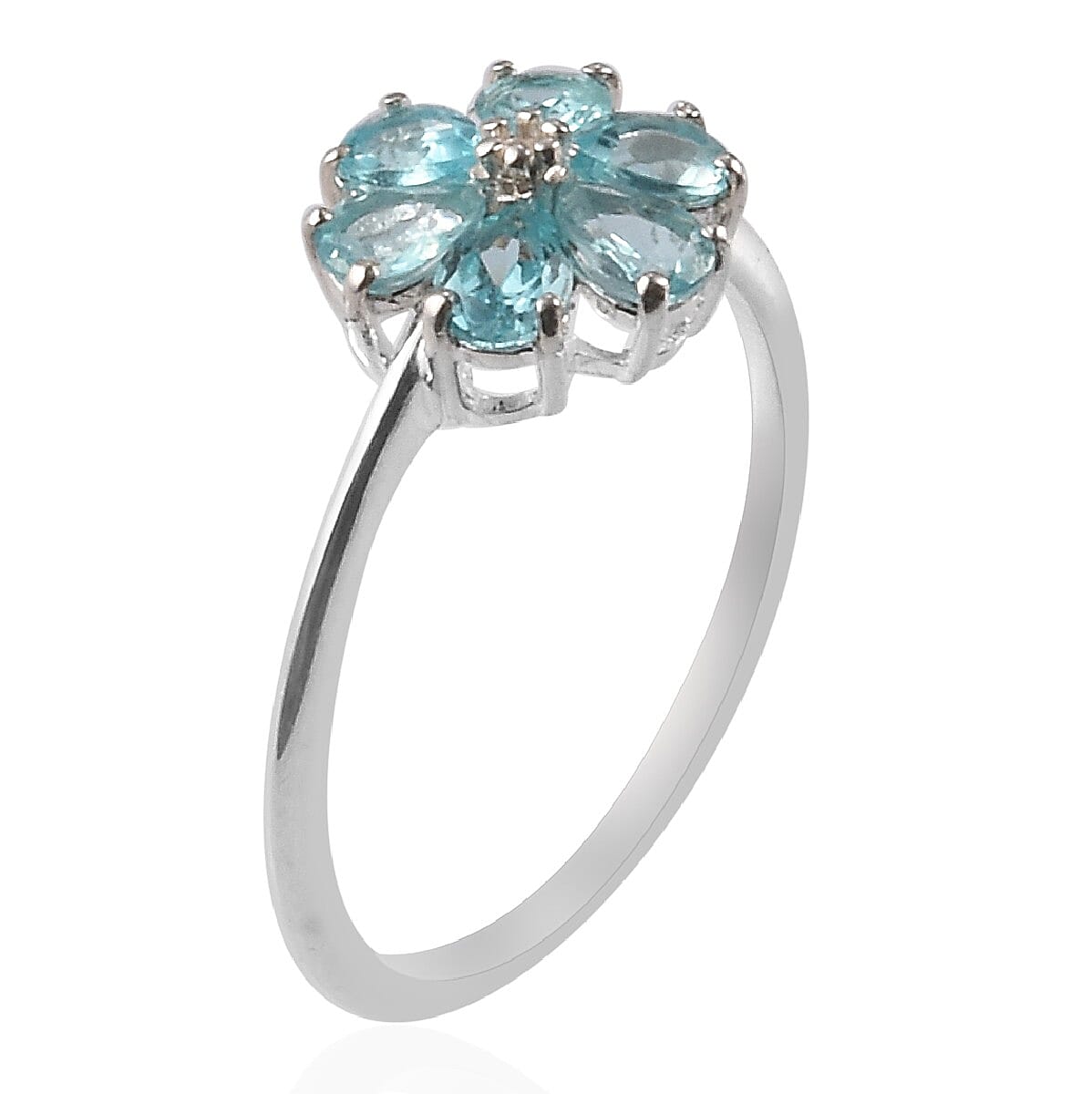 Blue Apatite and Natural Cambodian Zircon Flower Ring in Sterling Silver 1.01 Ct.