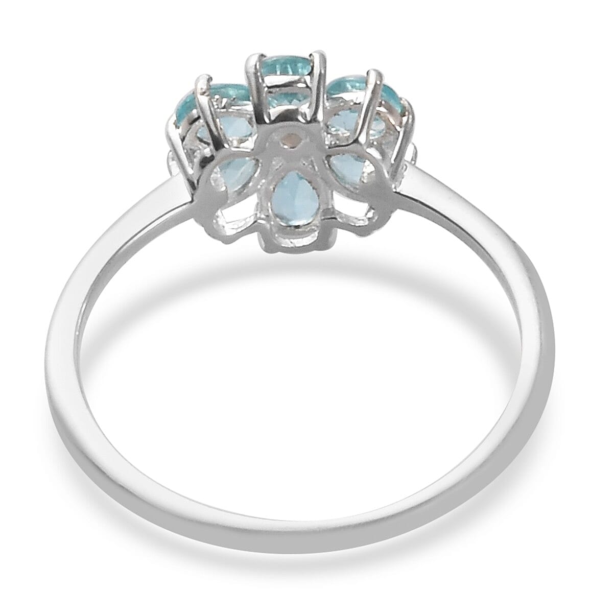 Blue Apatite and Natural Cambodian Zircon Flower Ring in Sterling Silver 1.01 Ct.