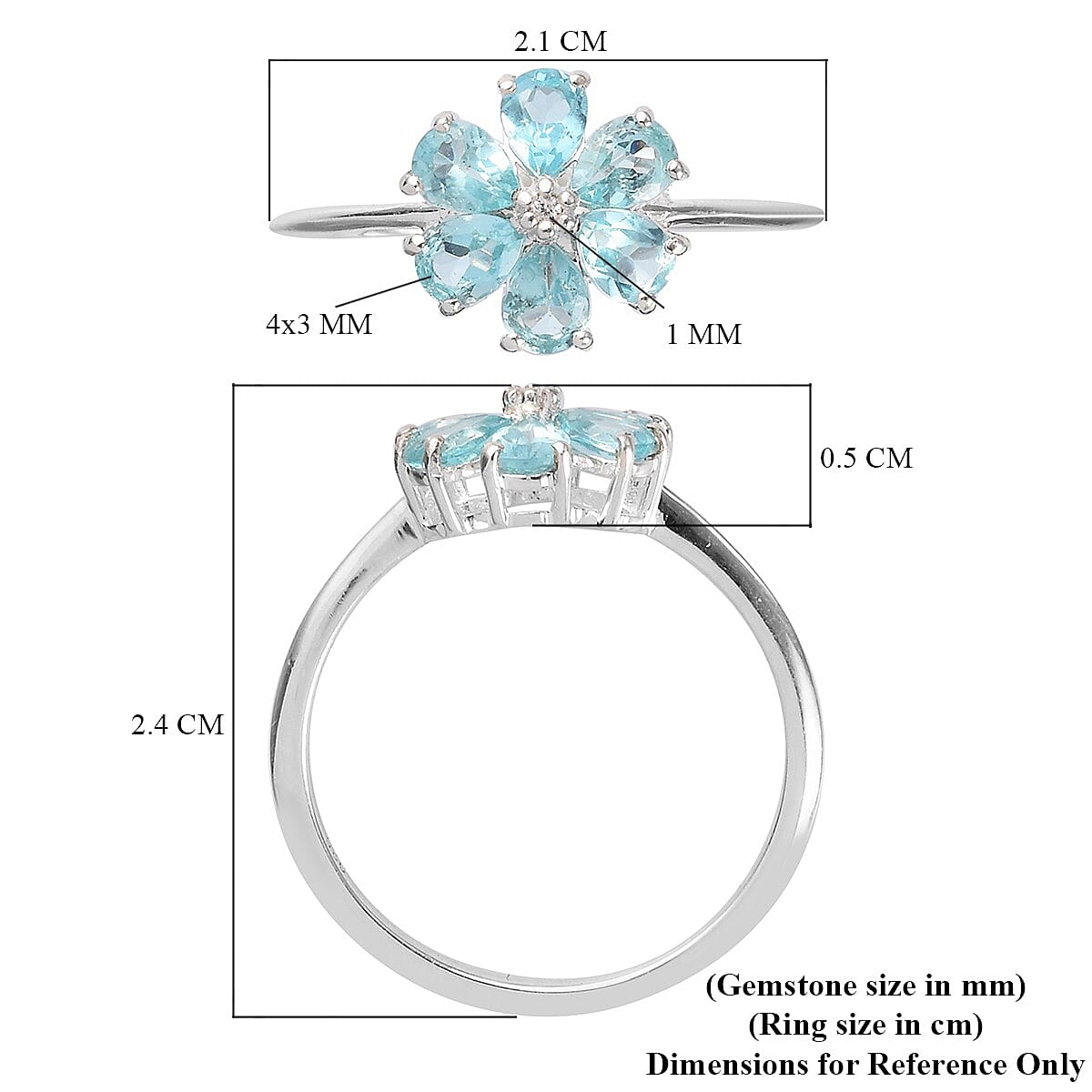 Blue Apatite and Natural Cambodian Zircon Flower Ring in Sterling Silver 1.01 Ct.