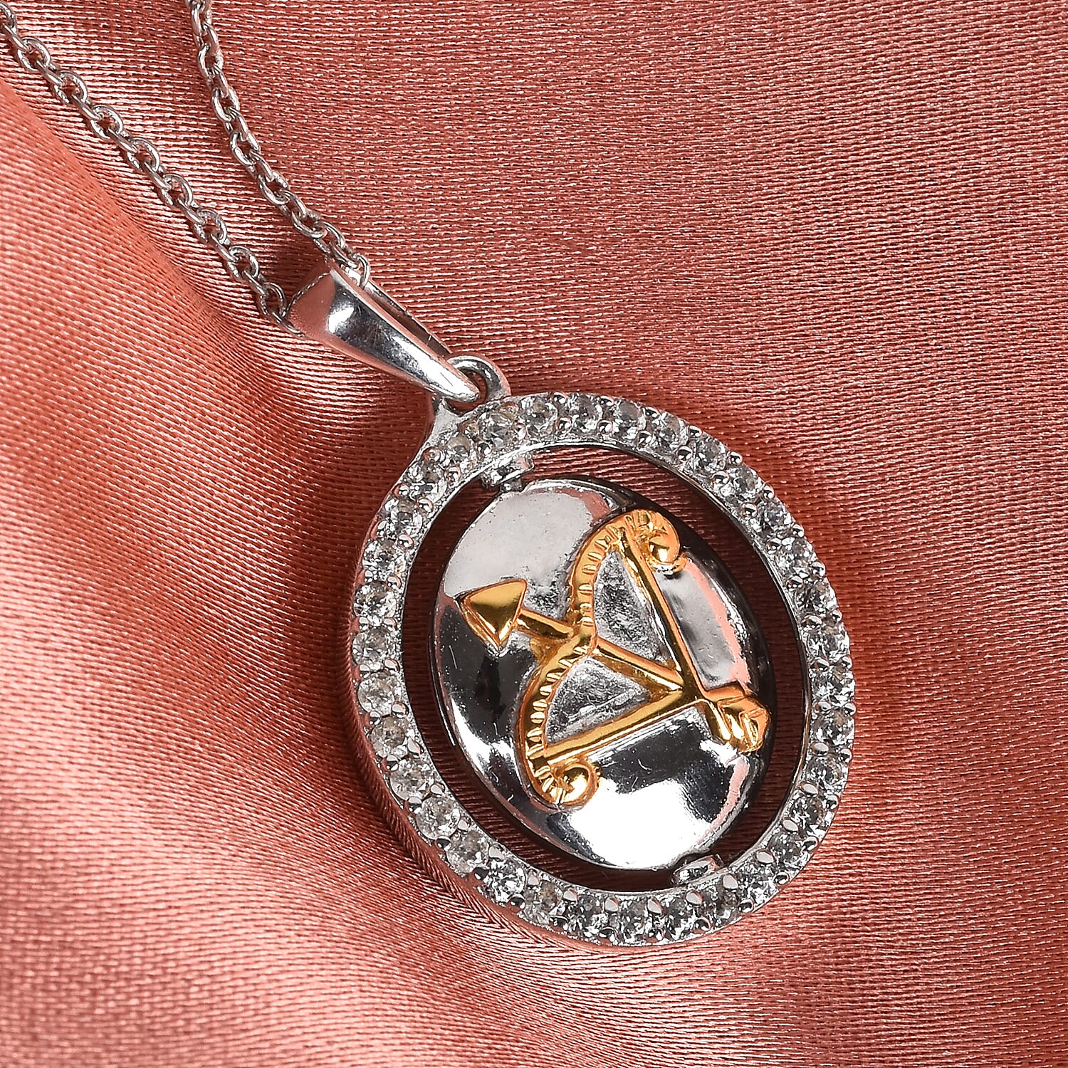 Natural Zircon Zodiac-Pisc Sagittarius es Pendant with Chain (Size 20) in Yellow Gold and Platinum Overlay Sterling Silver, Silver wt. 6.60 Gms