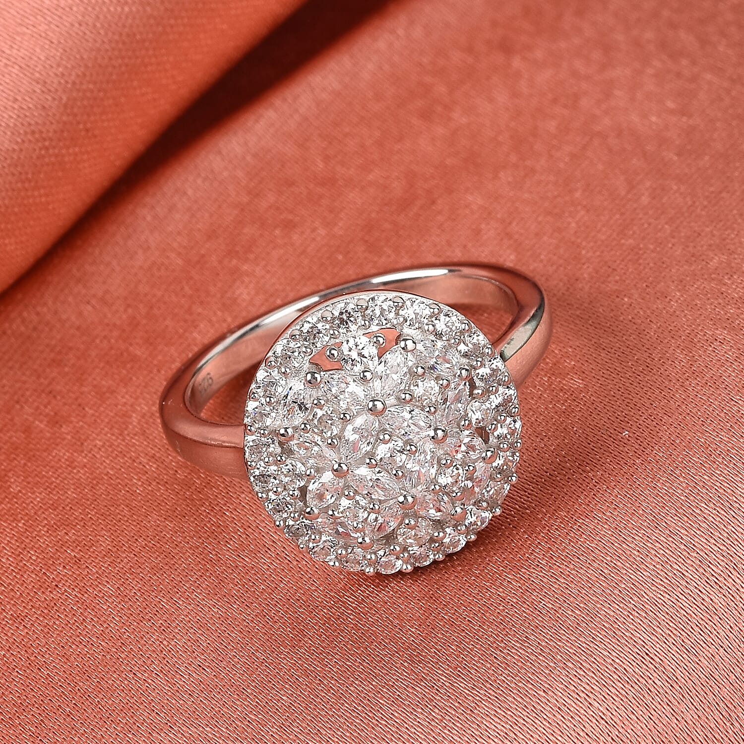 Lustro Stella Platinum Overlay Sterling Silver Cluster Ring Made with Finest CZ 1.70 Ct.